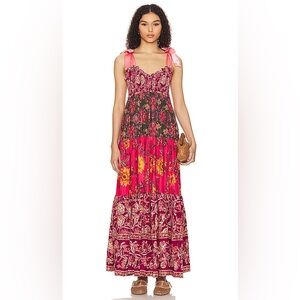 Free People Pink Floral Tiered Maxi Dress with Green and Yellow Accents